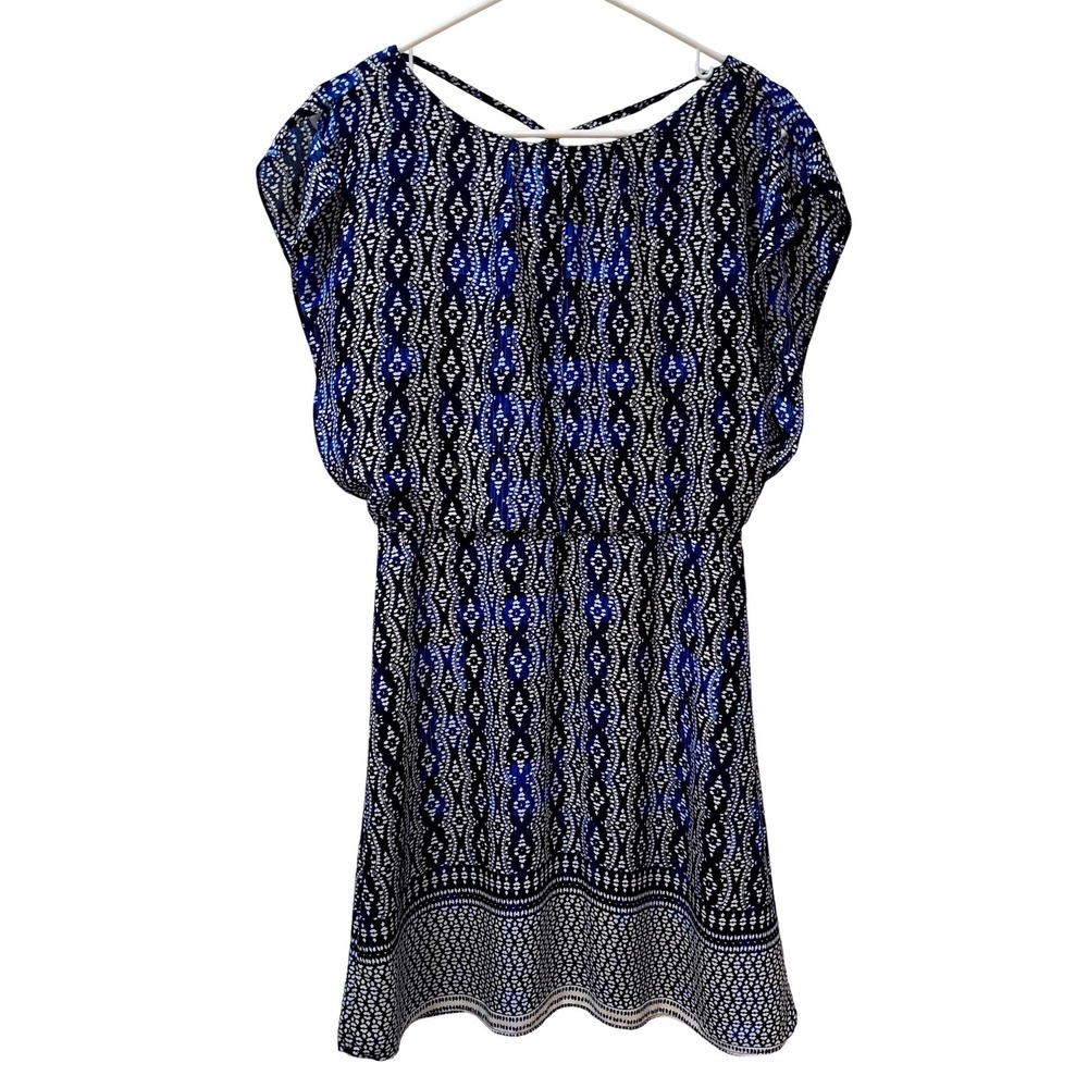 The Limited XS Blue Geometric Print Flutter Sleeve Mini Dress Boho Keyhole Back